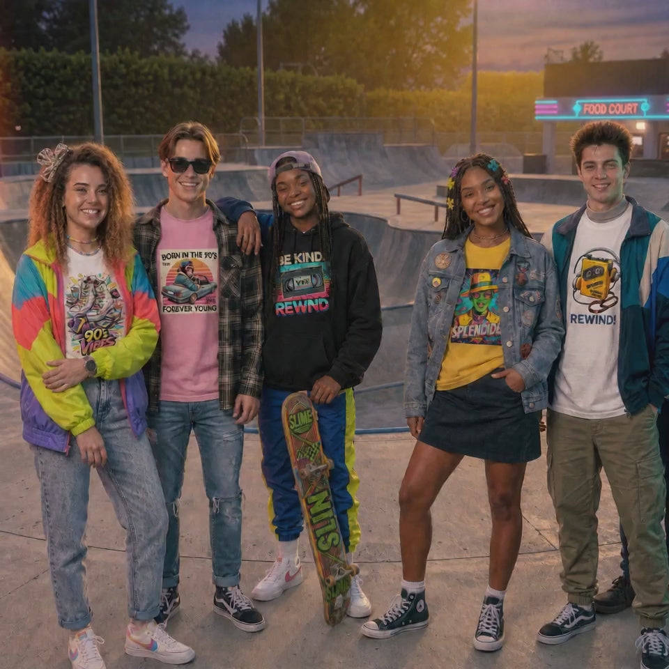 Charger la vidéo : Vêtement années 90 streetwear — t-shirts et hoodies style 90s rétro skate hip-hop. Made to order, livraison France.
