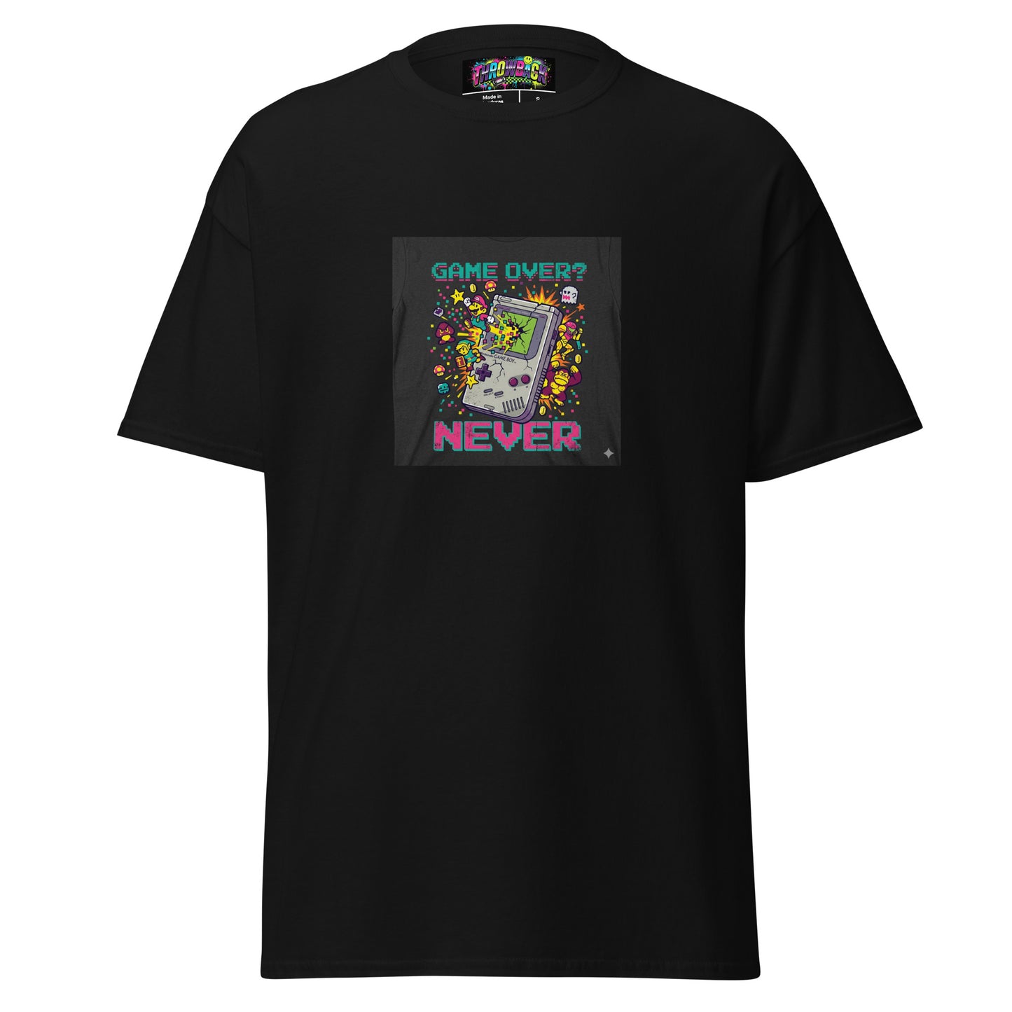 t-shirt noir game over never sérigraphie néon pixel art gaming 90s — Throwback
