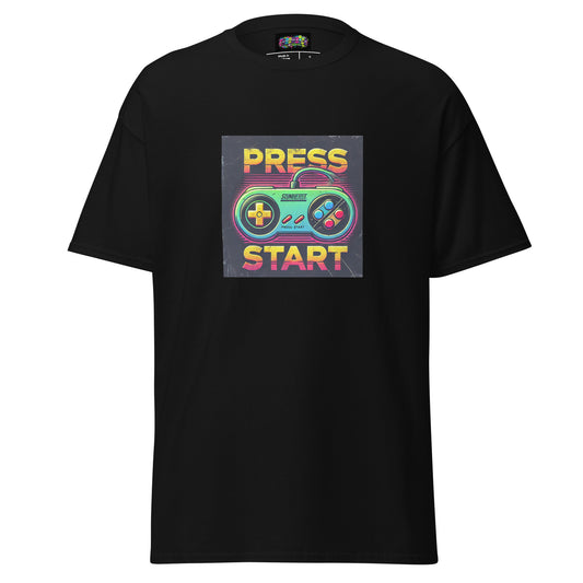 t-shirt noir press start gaming années 90 pixel art taille s m l xl — Throwback