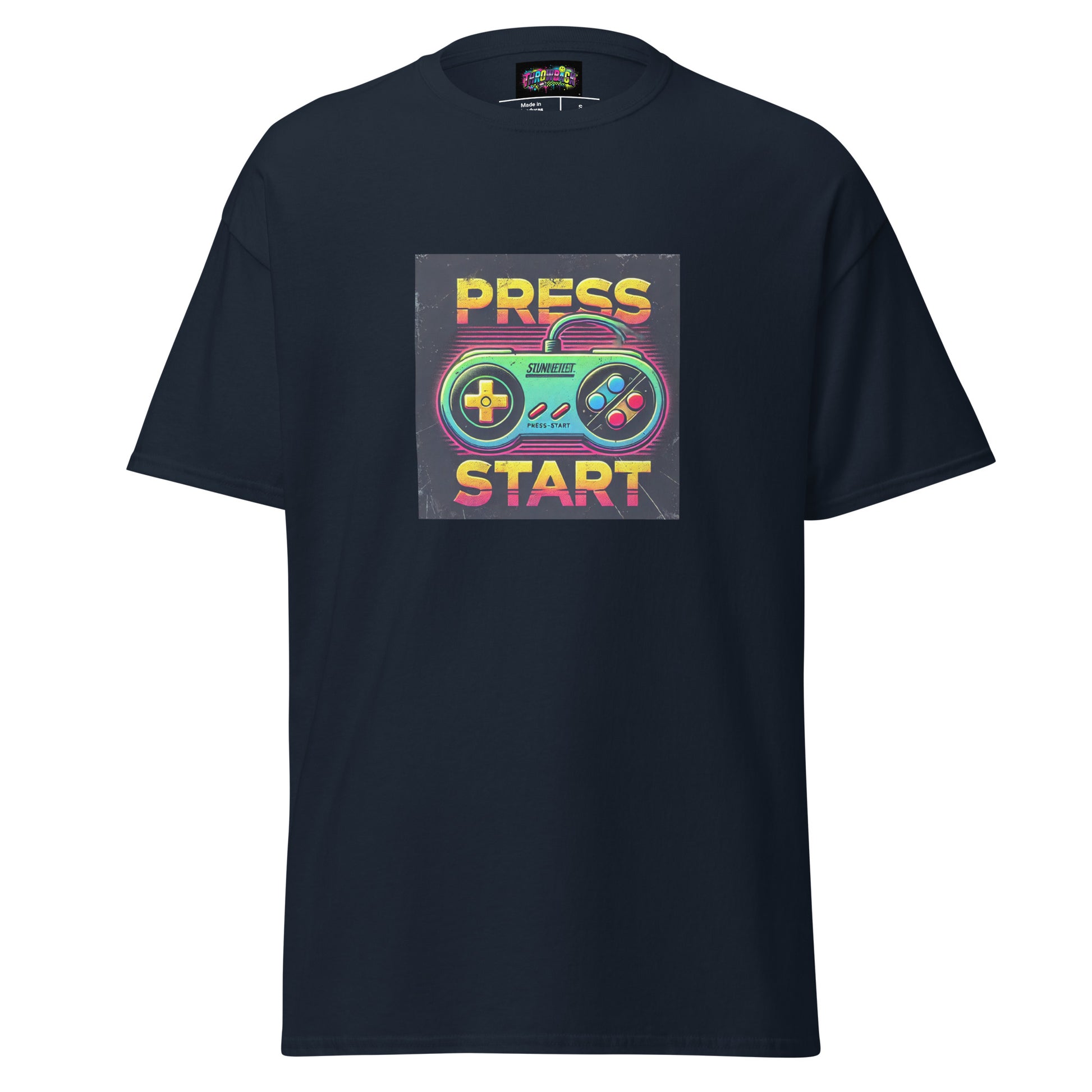t-shirt bleu marine press start jeux vidéo rétro années 90 unisexe — Throwback