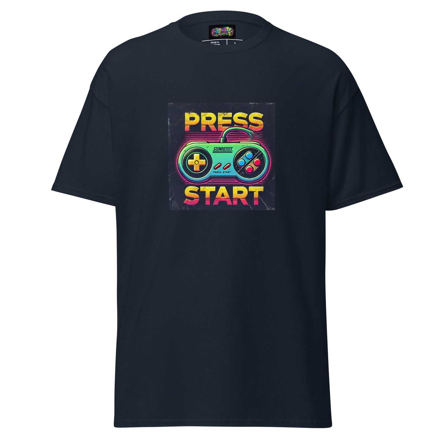 t-shirt bleu marine press start arcade rétro années 90 unisexe — Throwback