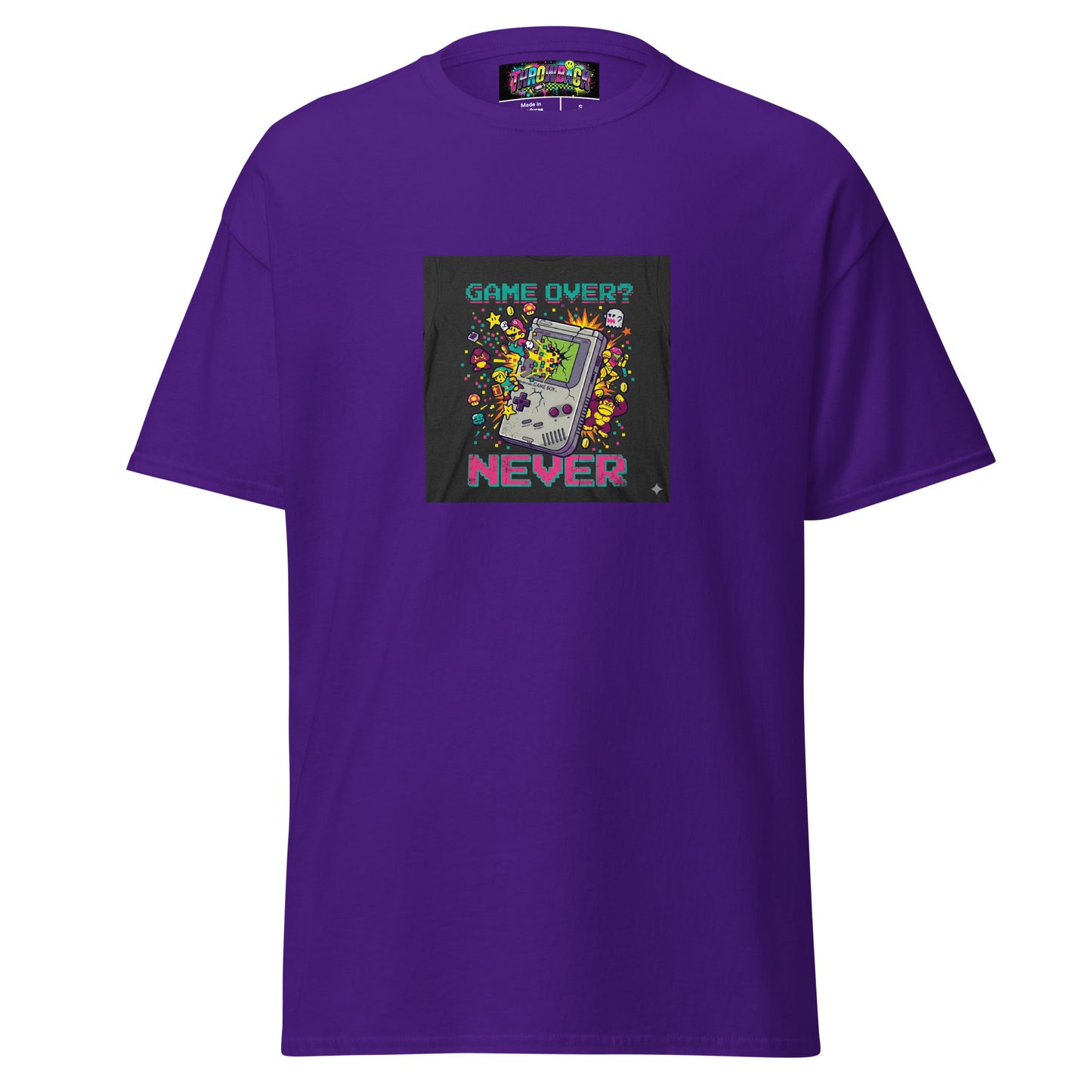 t-shirt violet game over never gaming 90s pixel art face — Throwback
