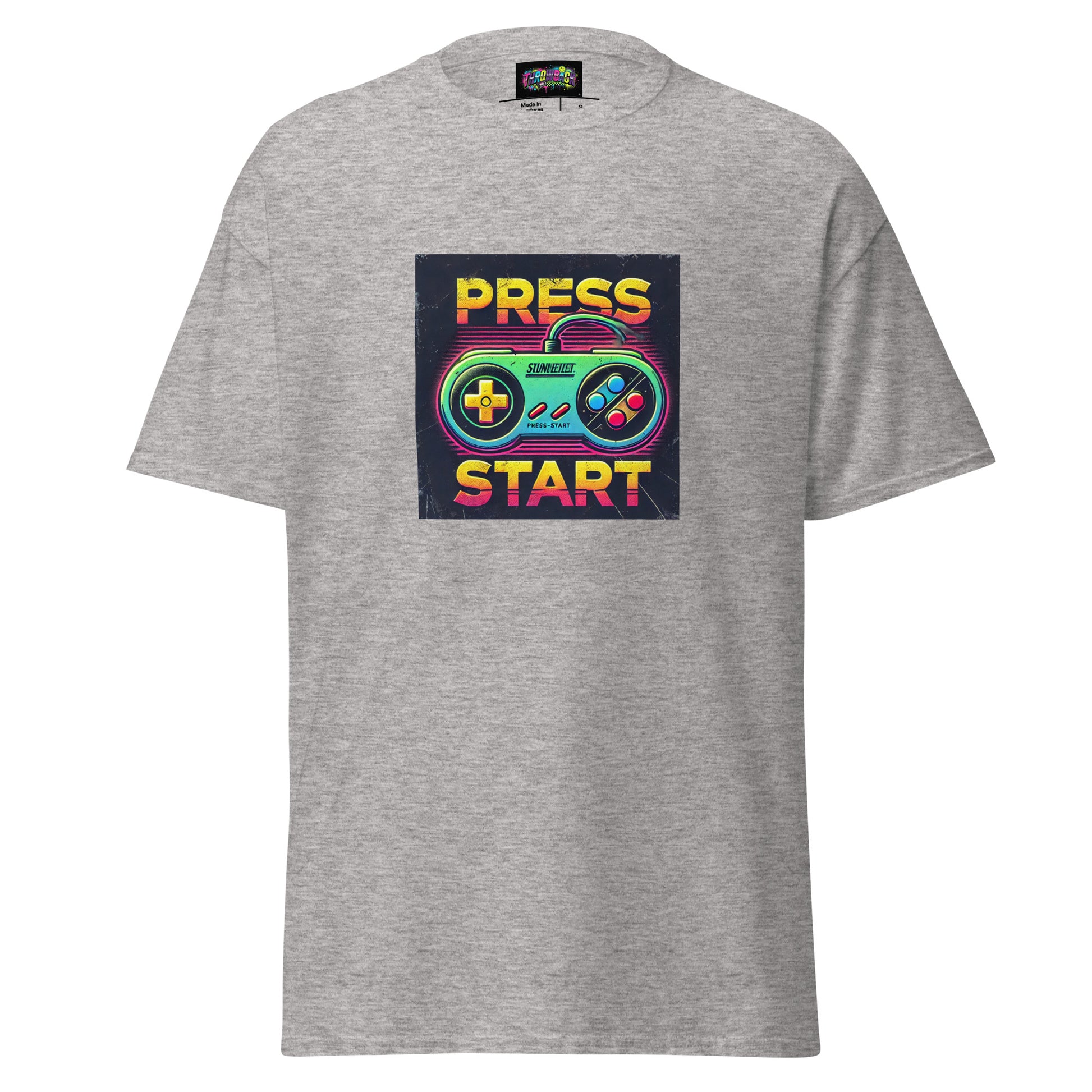 t-shirt gris press start gaming rétro unisexe streetwear 90s — Throwback