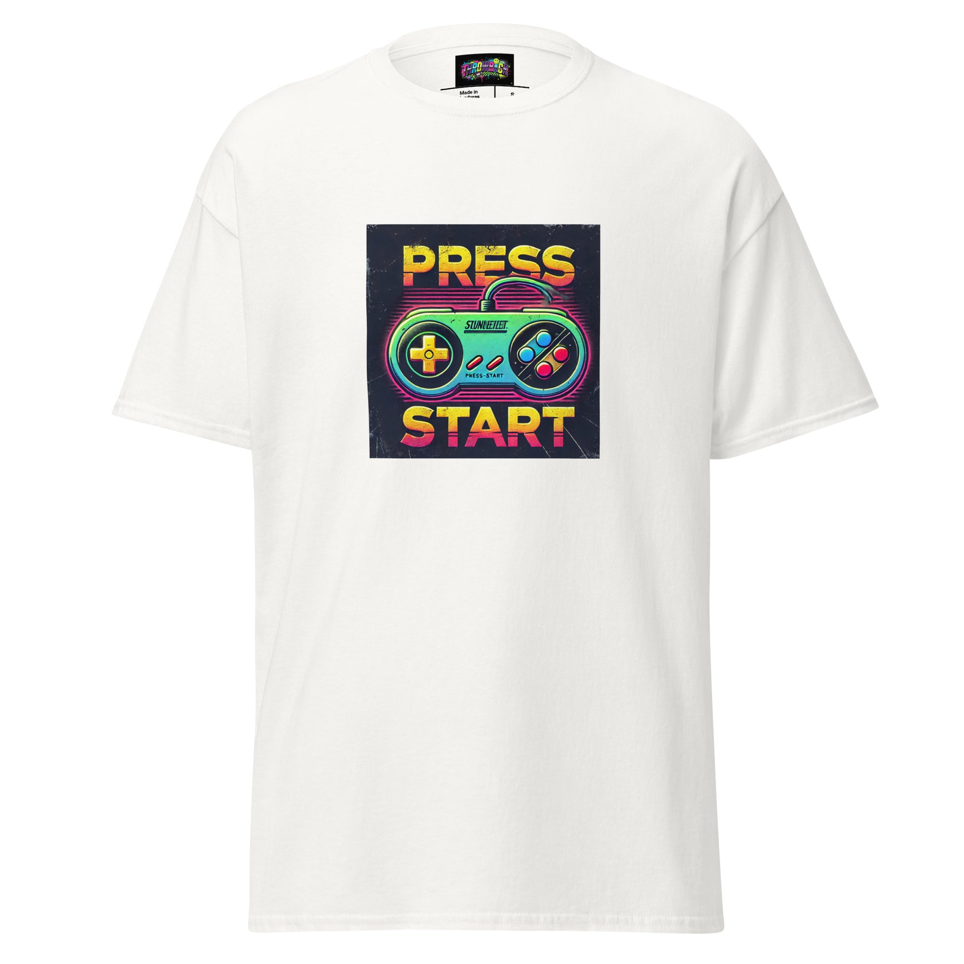 t-shirt blanc press start gaming années 90 pixel art unisexe — Throwback