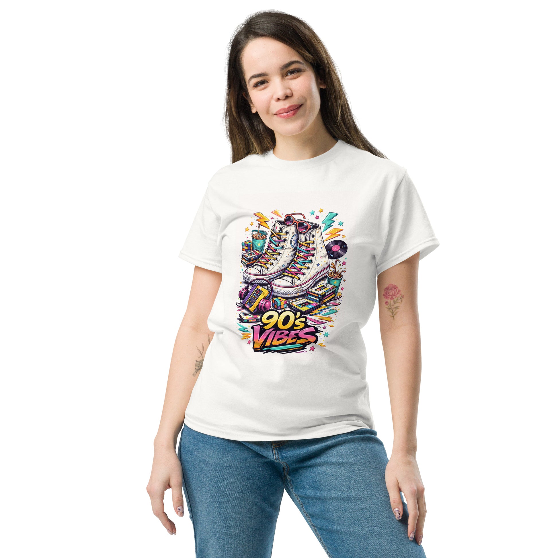 t-shirt 90s vibes blanc porté unisexe style rétro génération 90 — Throwback