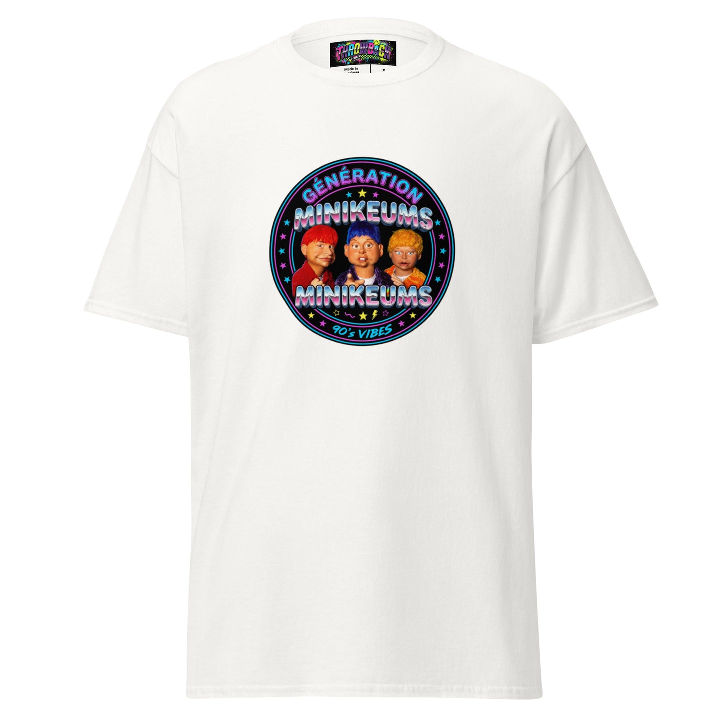 t-shirt blanc minikeums 90s porté unisexe vue face streetwear — Throwback
