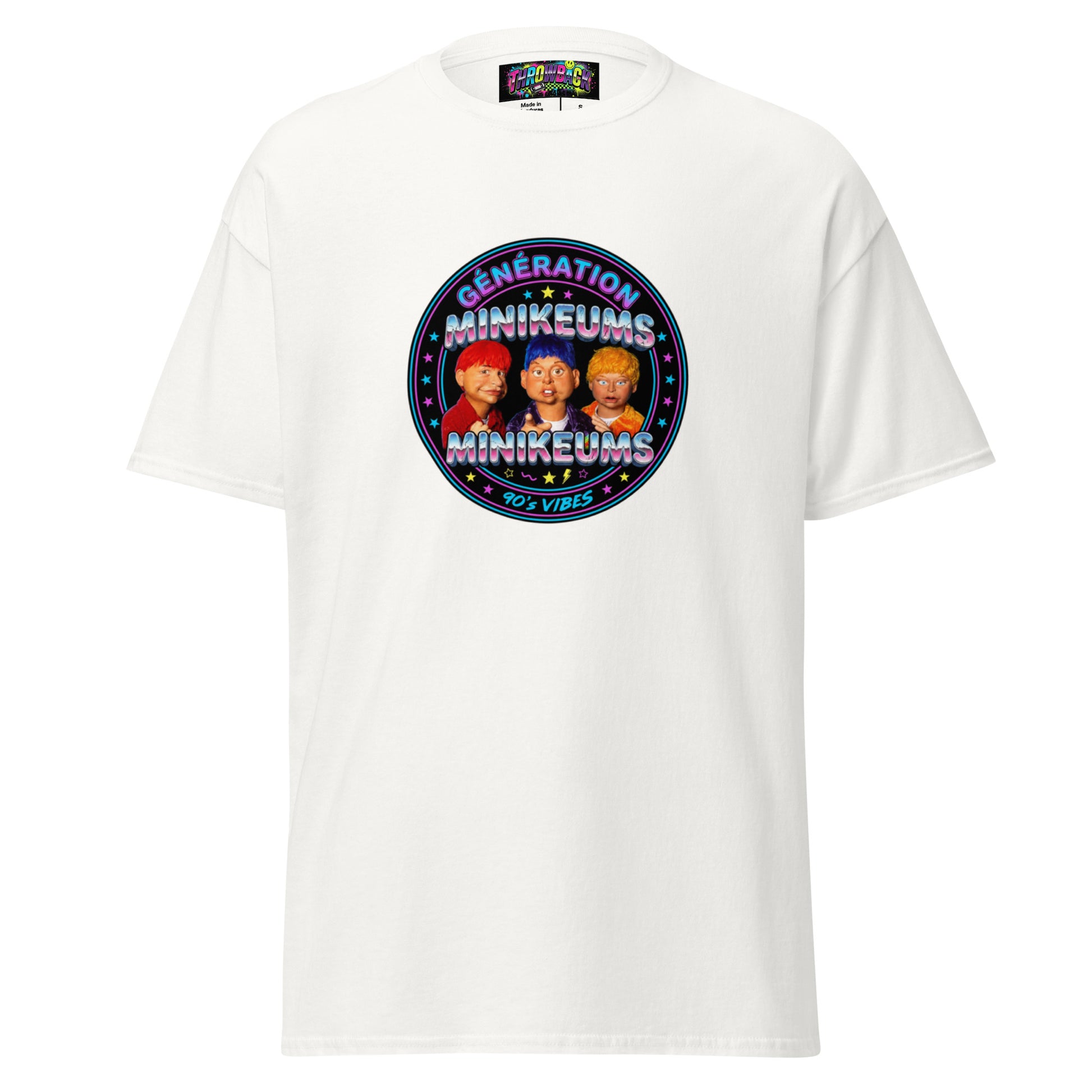 t-shirt blanc minikeums 90s porté unisexe vue face streetwear — Throwback