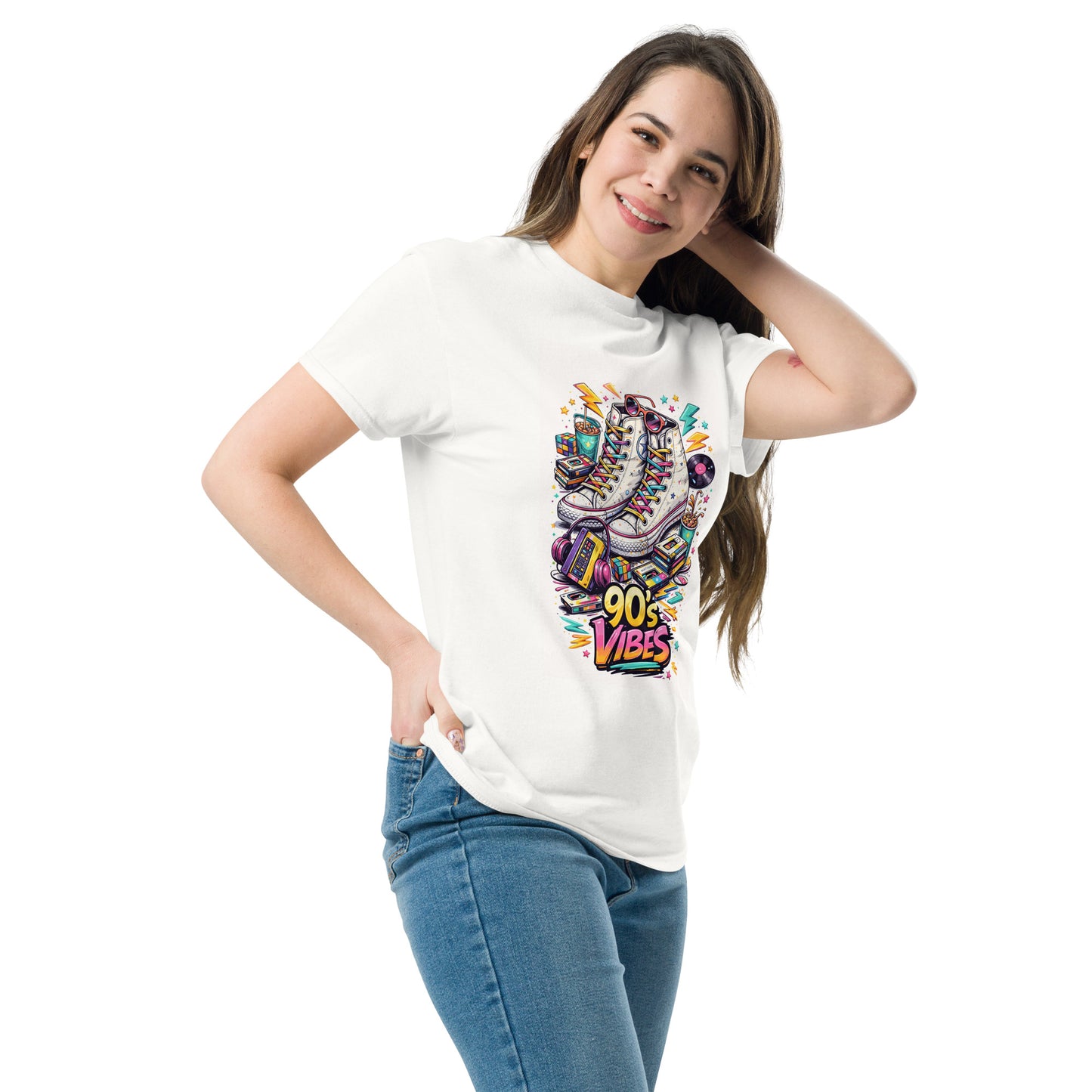 t-shirt blanc 90s vibes coupe unisexe vue côté années 90 — Throwback