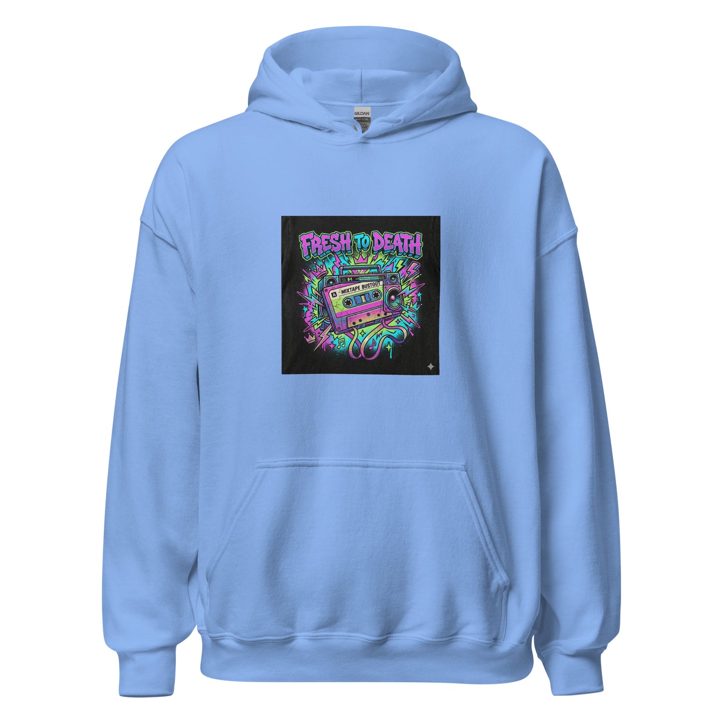 hoodie bleu clair fresh to death oversize boombox néon hip-hop années 90 — Throwback