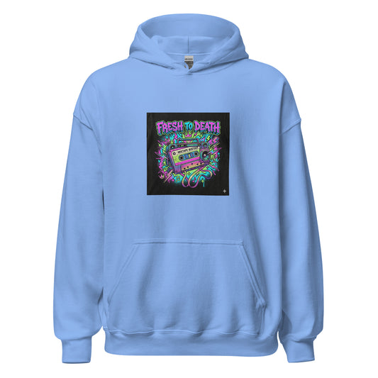 hoodie bleu clair fresh to death oversize boombox néon hip-hop années 90 — Throwback